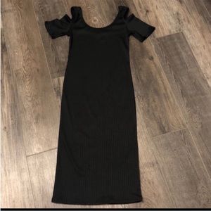 Black Ribbed Bodycon Midi Dress Cold Shoulder